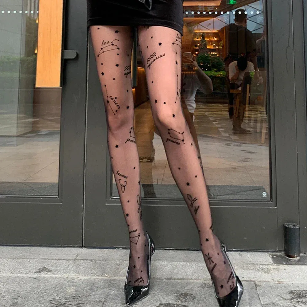 2022 New Fashion Women Spring Summer Sexy Tights With Letter Pattern Constellation Printed Pantyhose Mesh With Stockings