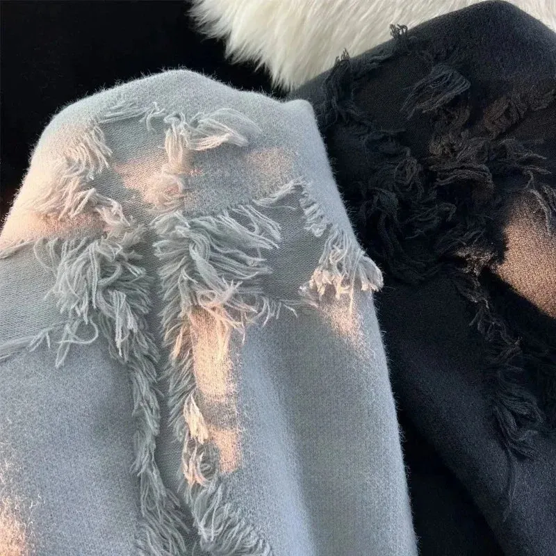 Aidase Y2k Streetwear Sweater Men New Retro Hole Fringed Sweater Loose Versatile Knitwear Pullovers Long Sleeve Jumpers Clothing