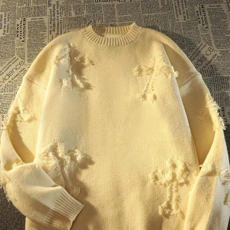 Aidase Y2k Streetwear Sweater Men New Retro Hole Fringed Sweater Loose Versatile Knitwear Pullovers Long Sleeve Jumpers Clothing