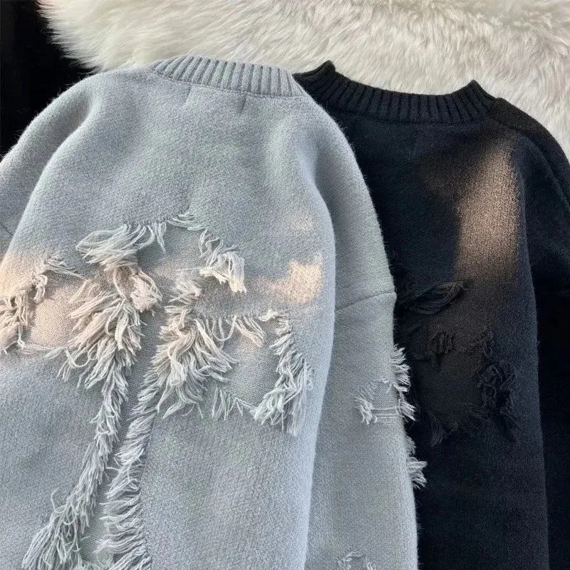 Aidase Y2k Streetwear Sweater Men New Retro Hole Fringed Sweater Loose Versatile Knitwear Pullovers Long Sleeve Jumpers Clothing
