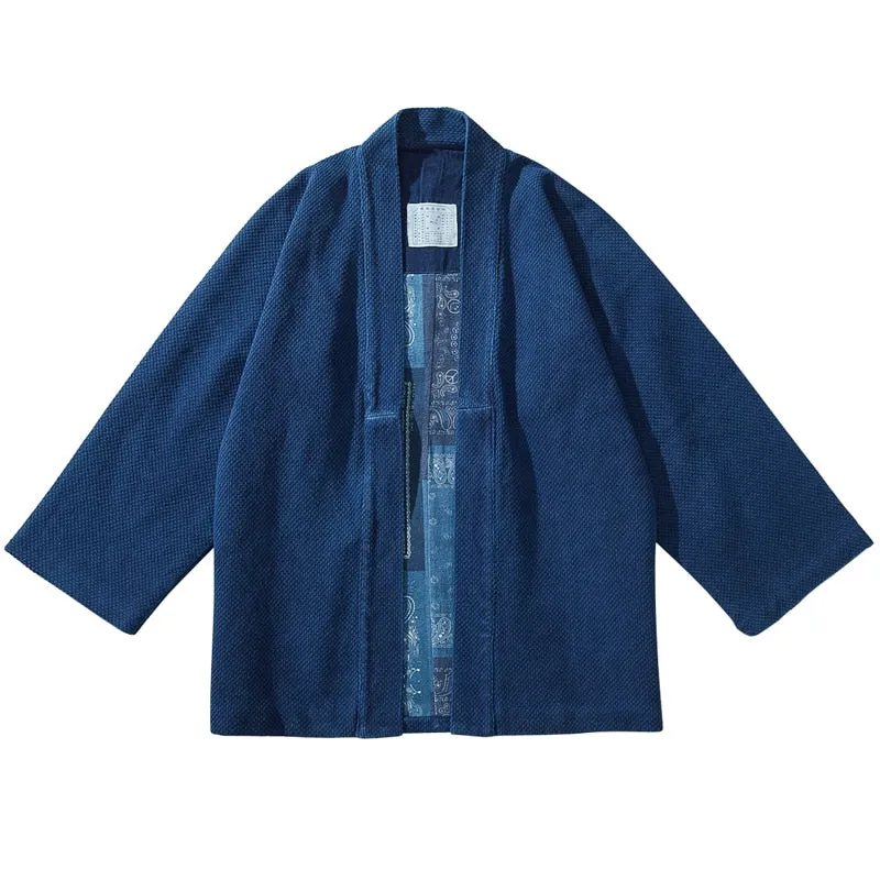 BADBOWL Japanese Retro Indigo Plant Kimono Blue Dyeing Road Robe Heavy Kendo Fabric Half Sleeve Jacket Men Casual Cardigan Coat
