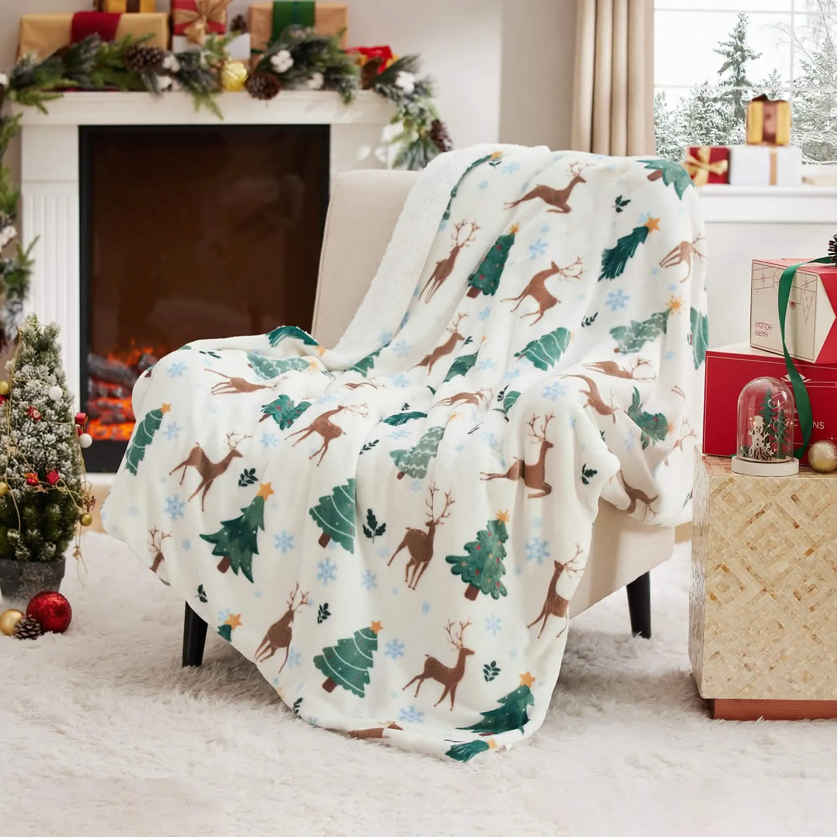 Bedsure Christmas Elk White Sherpa Throw Blanket