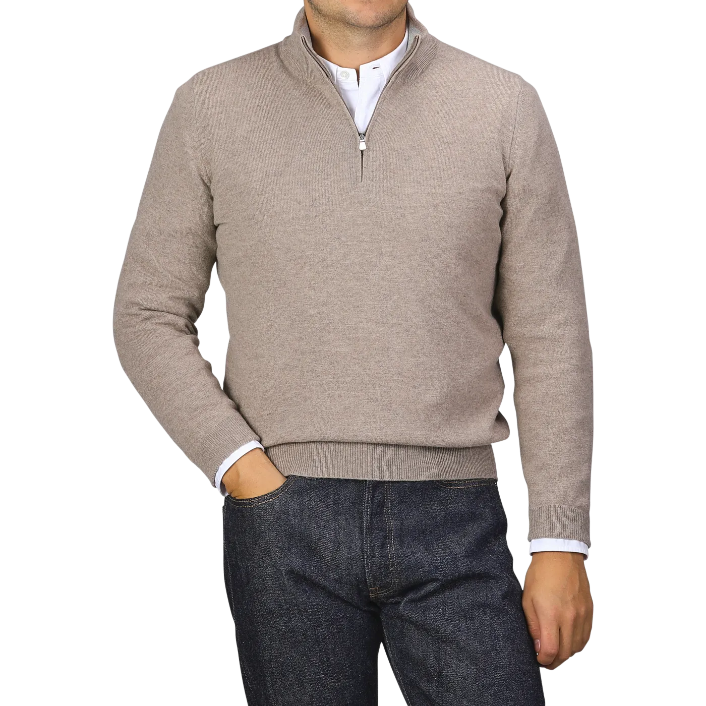 Beige Wool Cashmere 1/4 Zip Sweater