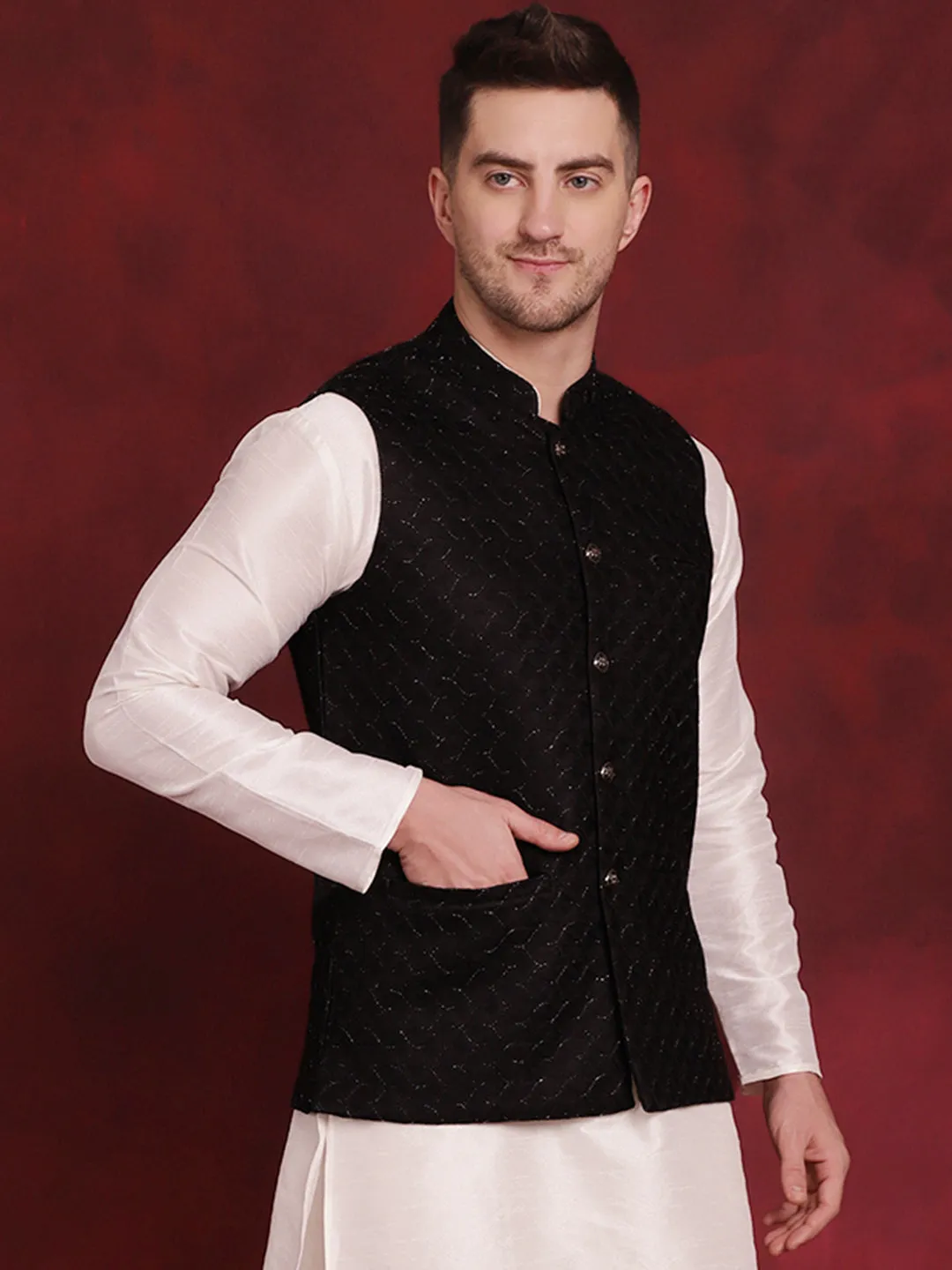 Black Woven Design Nehru Jacket