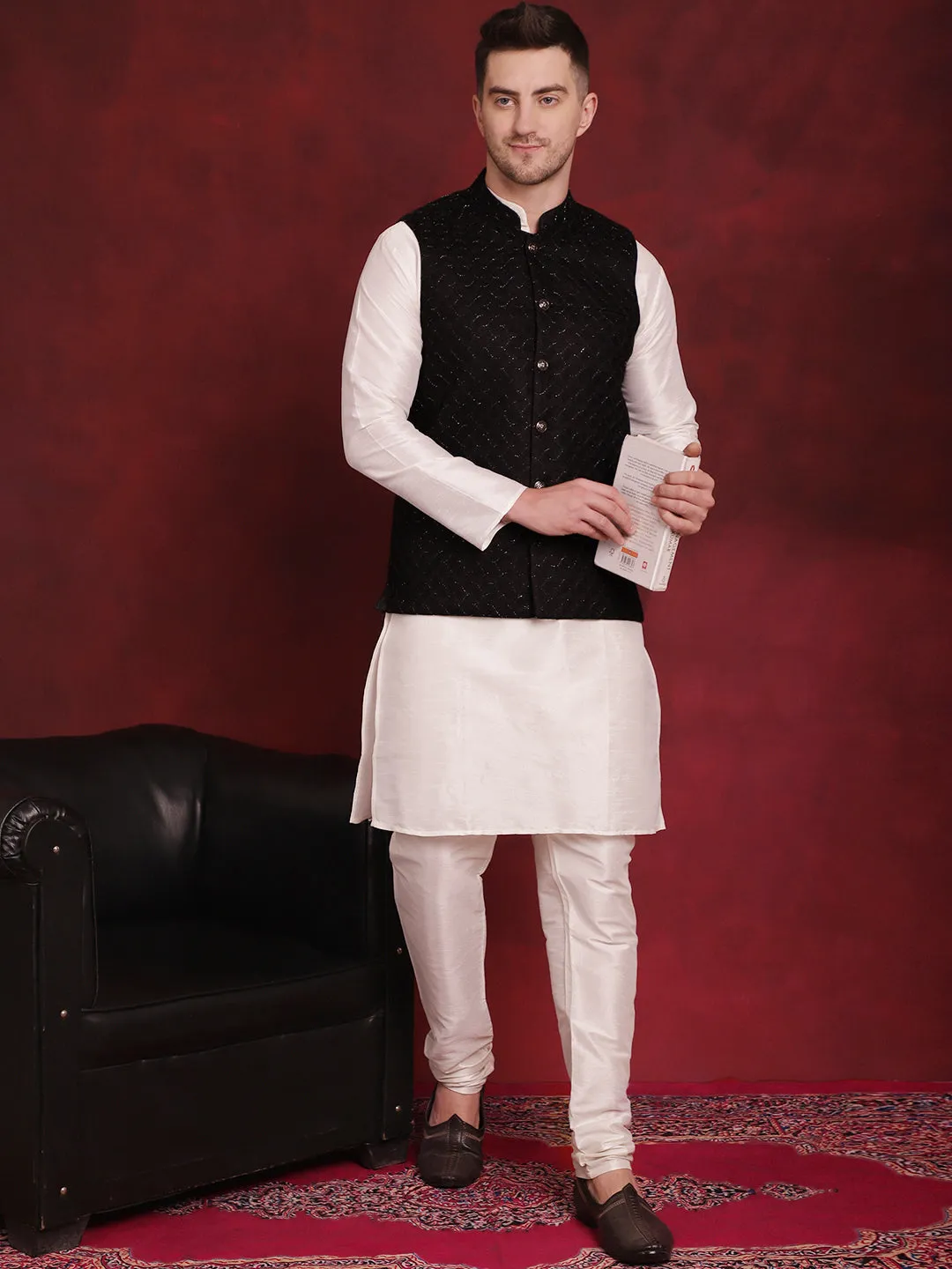 Black Woven Design Nehru Jacket