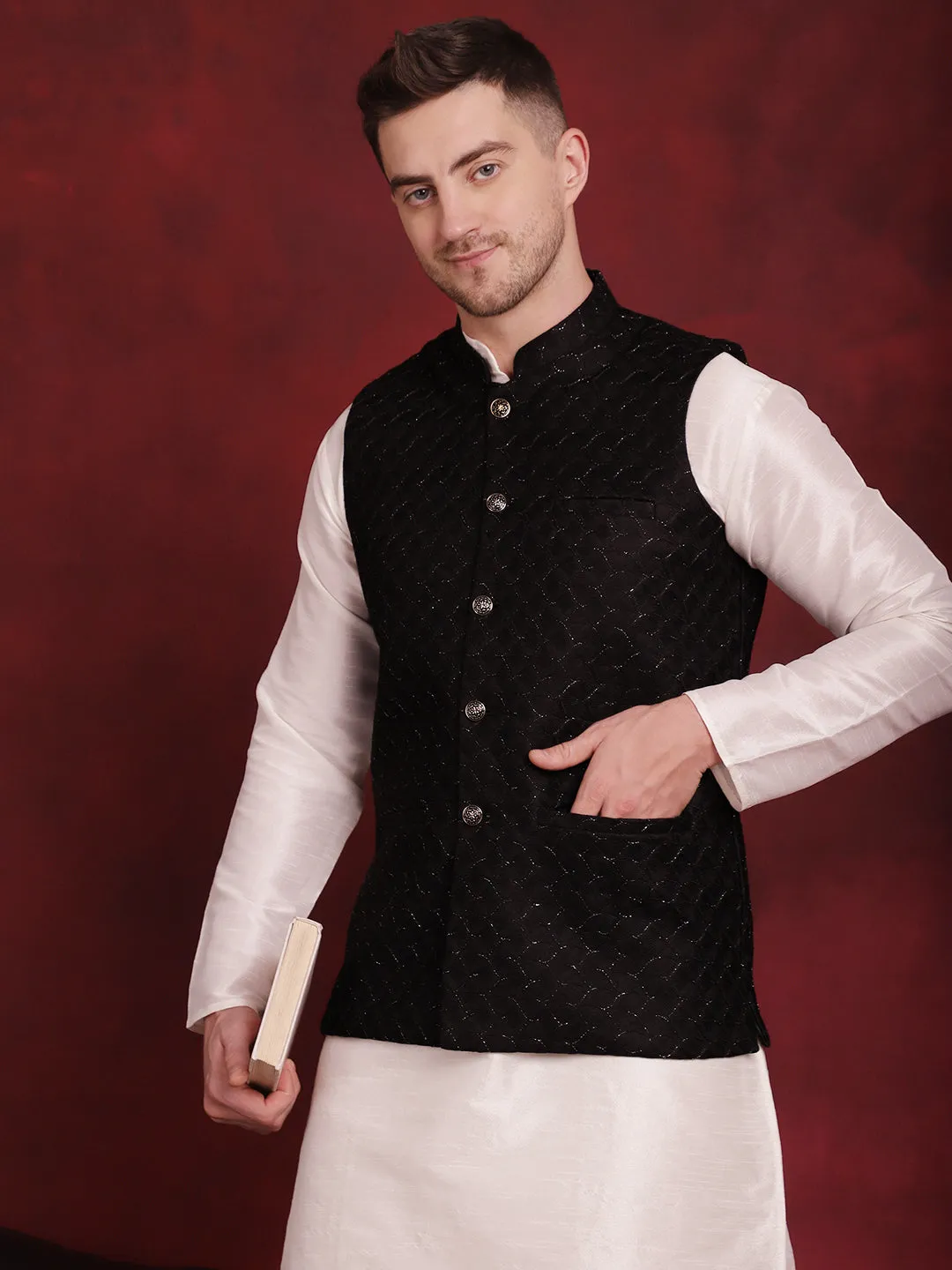 Black Woven Design Nehru Jacket