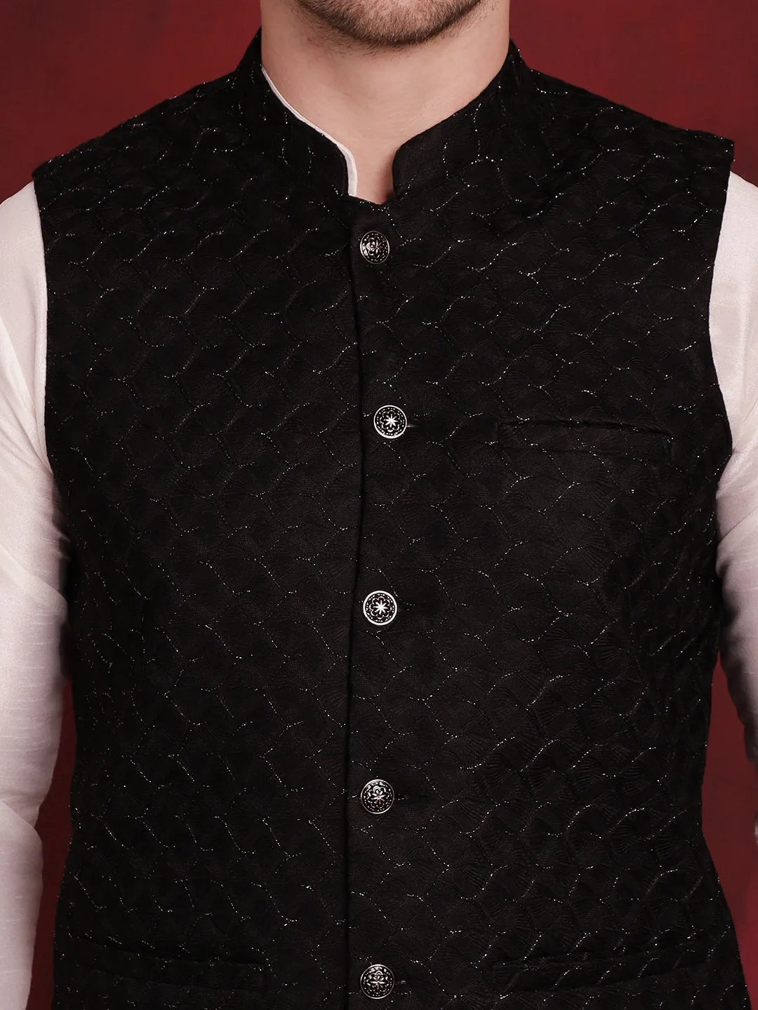 Black Woven Design Nehru Jacket