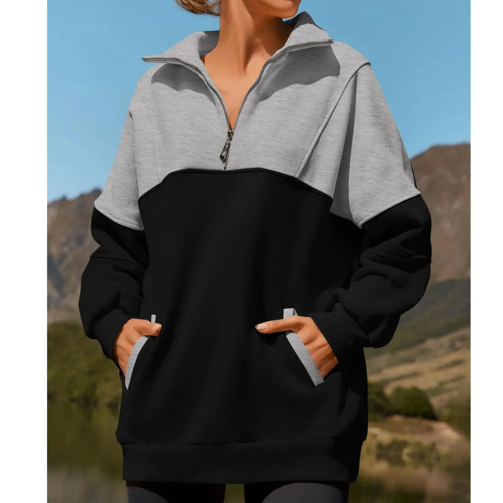 Casual Color Block Half-Zip Pullover
