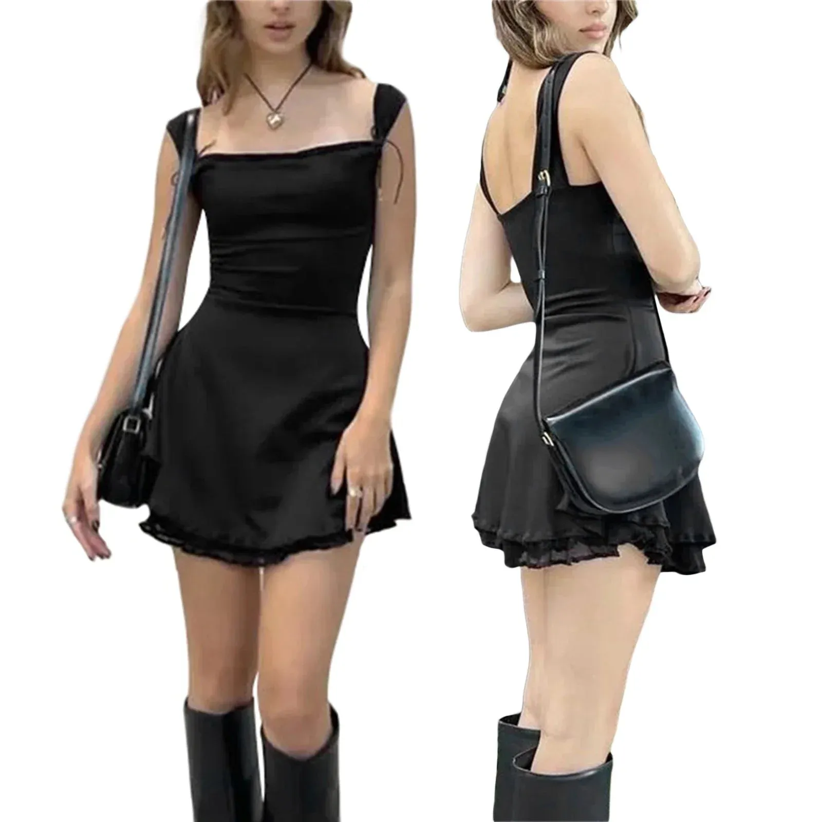 Color Sleeveless Sling Tie-Up Double Layered Mini Elegant Fashion Summer Solid Dress
