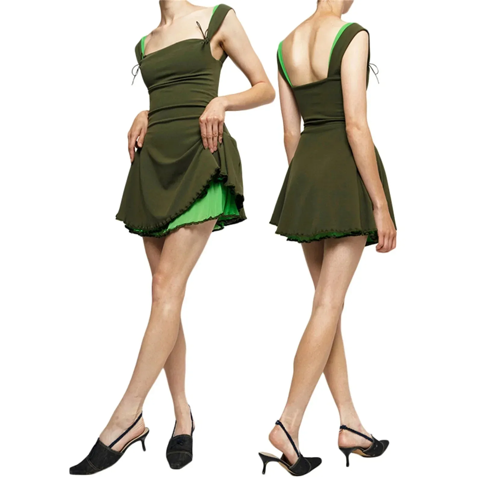 Color Sleeveless Sling Tie-Up Double Layered Mini Elegant Fashion Summer Solid Dress