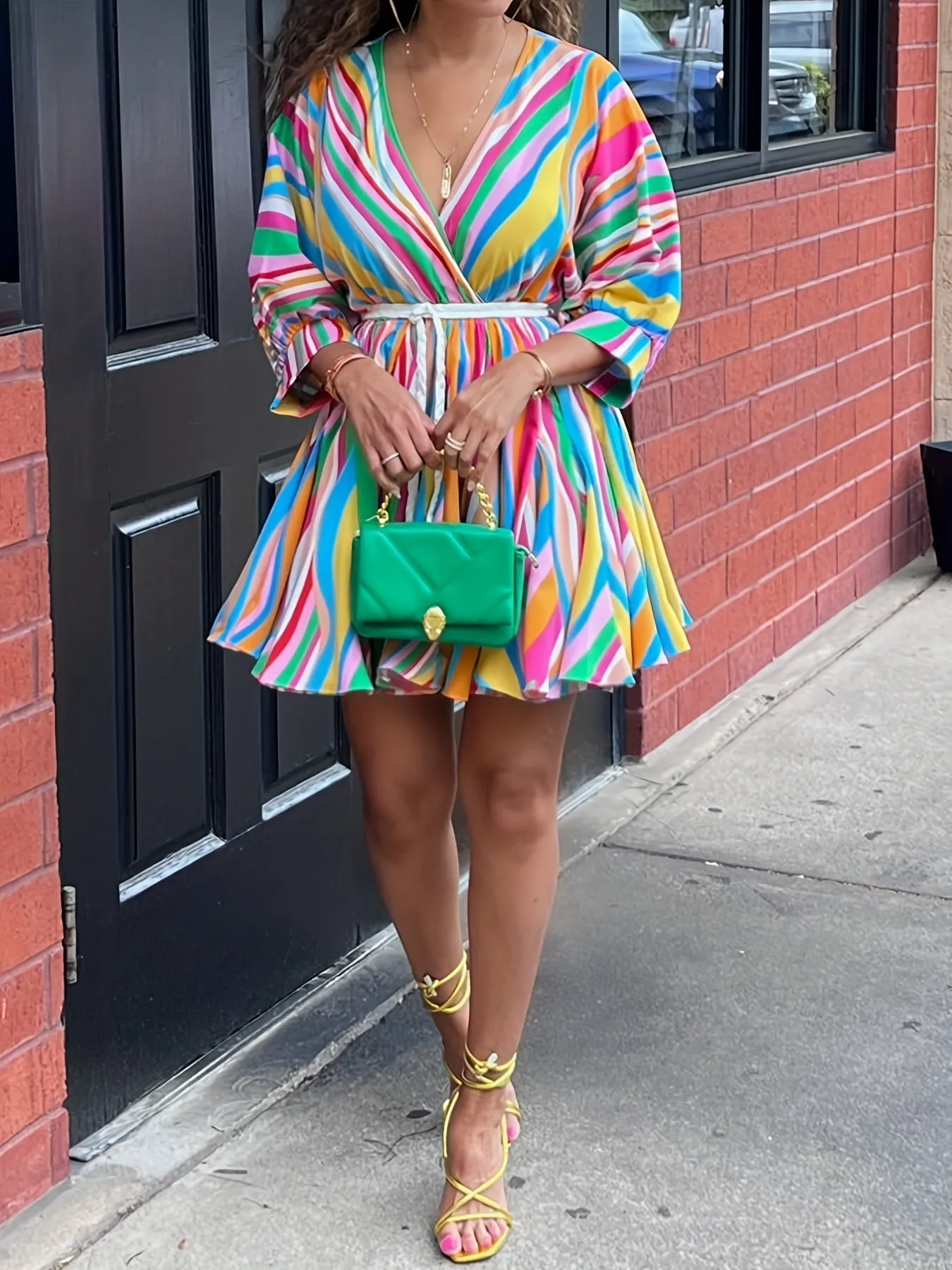 Colorful Printing Dress, Casual Surplice Neck Pleated Mini Dress, Women's Clothing