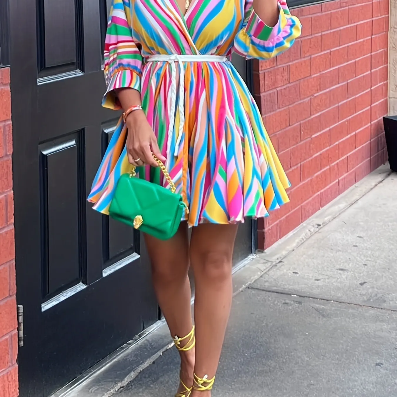 Colorful Printing Dress, Casual Surplice Neck Pleated Mini Dress, Women's Clothing