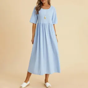 Cotton Linen Y2K Fashion Half Sleeve Solid Color Casual High Waist Elegant Summer Midi Vintage Dress