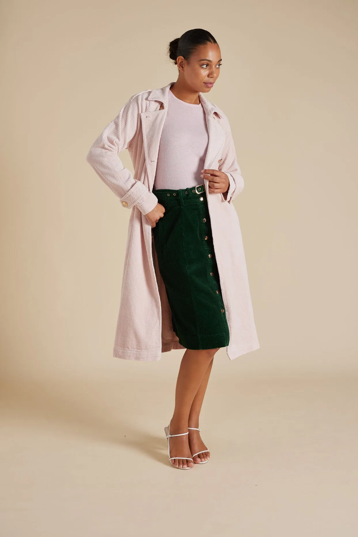 Darcy Corduroy Trench Coat in Petal
