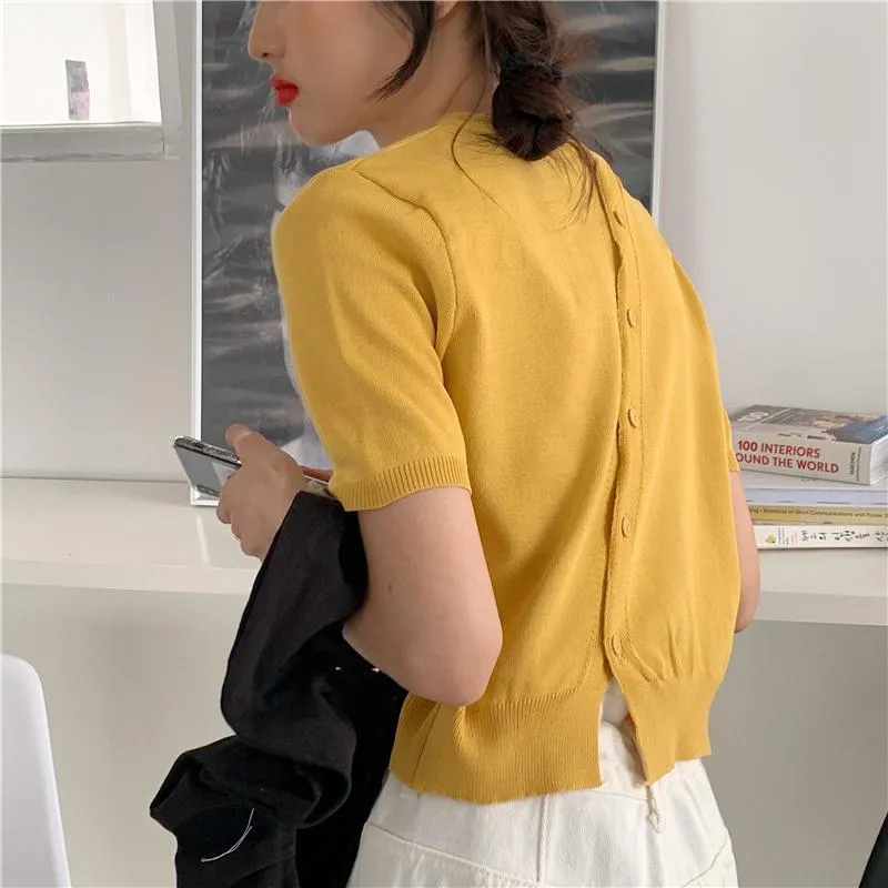 Diagonal Buttons Versatile Short Sleeved Thin Sweater