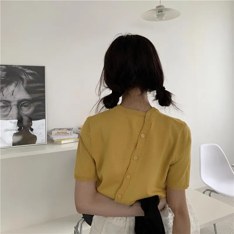 Diagonal Buttons Versatile Short Sleeved Thin Sweater