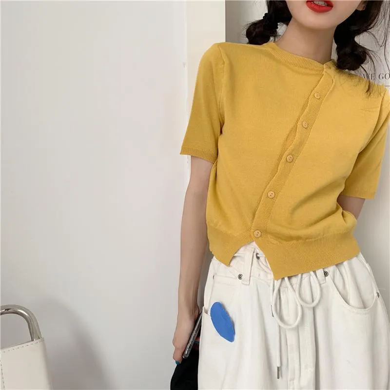 Diagonal Buttons Versatile Short Sleeved Thin Sweater