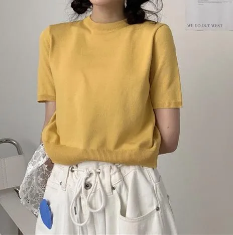 Diagonal Buttons Versatile Short Sleeved Thin Sweater