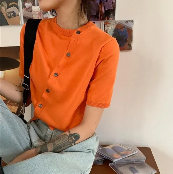 Diagonal Buttons Versatile Short Sleeved Thin Sweater
