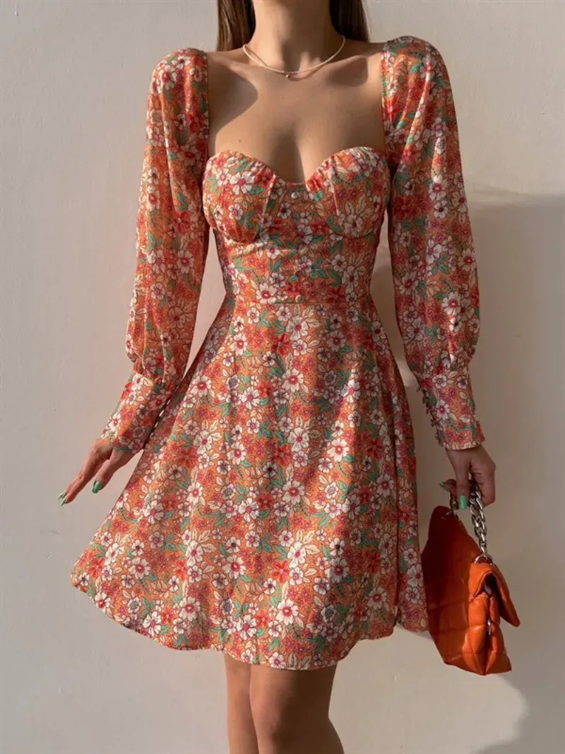 Elegant Dot Floral Print Spring/Summer Women's Sexy Low Cut Square Neck Full Lantern Sleeve High Waist Mini Dress