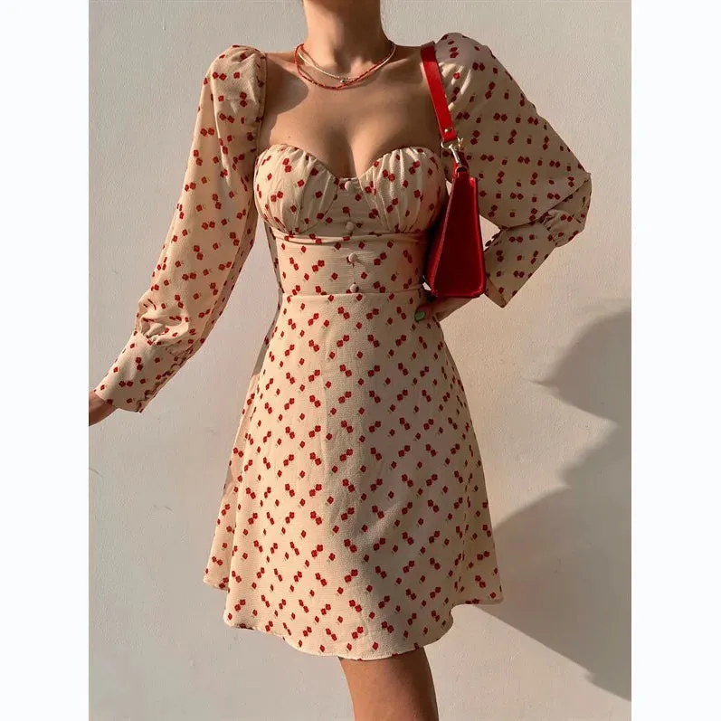Elegant Dot Floral Print Spring/Summer Women's Sexy Low Cut Square Neck Full Lantern Sleeve High Waist Mini Dress