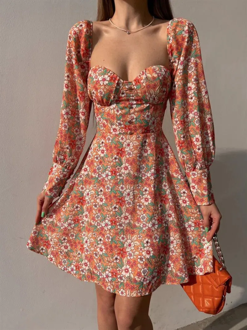 Elegant Dot Floral Print Spring/Summer Women's Sexy Low Cut Square Neck Full Lantern Sleeve High Waist Mini Dress
