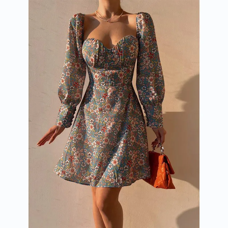 Elegant Dot Floral Print Spring/Summer Women's Sexy Low Cut Square Neck Full Lantern Sleeve High Waist Mini Dress