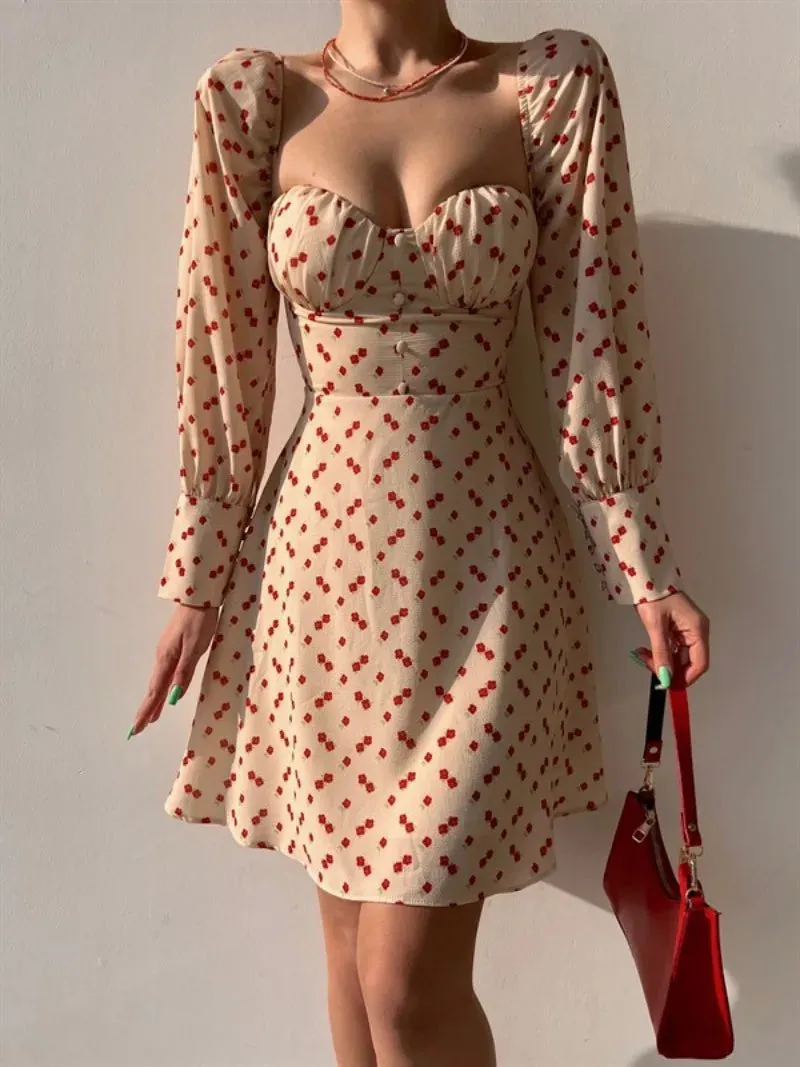 Elegant Dot Floral Print Spring/Summer Women's Sexy Low Cut Square Neck Full Lantern Sleeve High Waist Mini Dress
