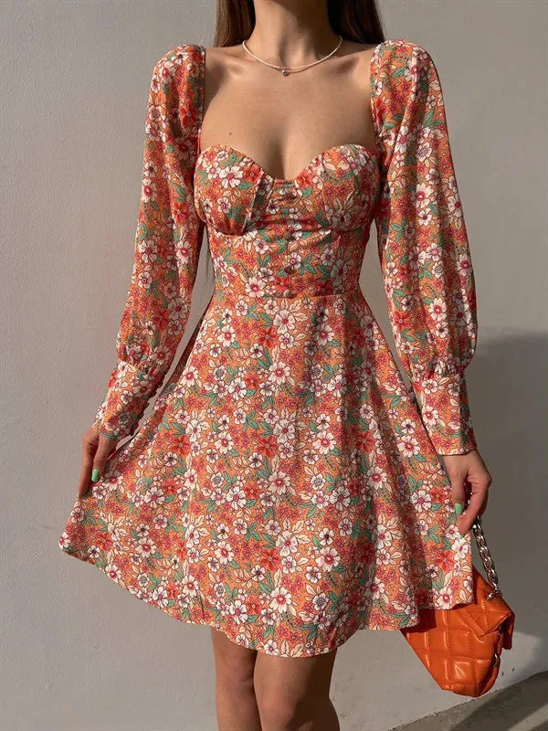 Elegant Dot Floral Print Spring/Summer Women's Sexy Low Cut Square Neck Full Lantern Sleeve High Waist Mini Dress