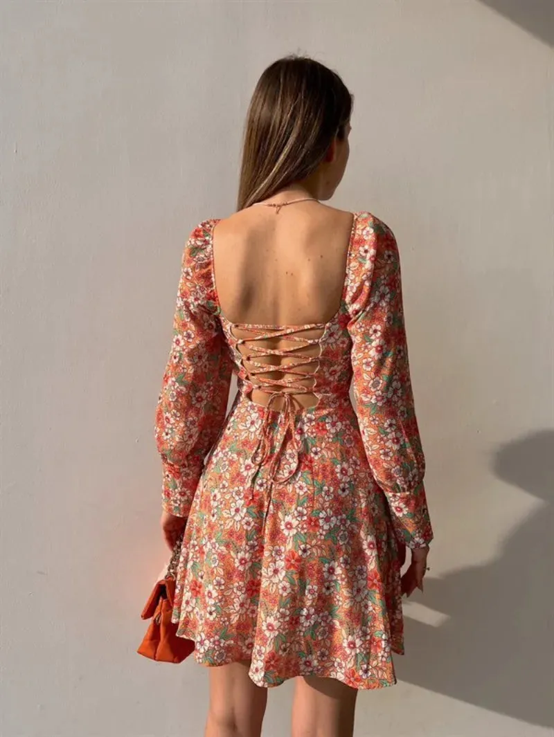 Elegant Dot Floral Print Spring/Summer Women's Sexy Low Cut Square Neck Full Lantern Sleeve High Waist Mini Dress