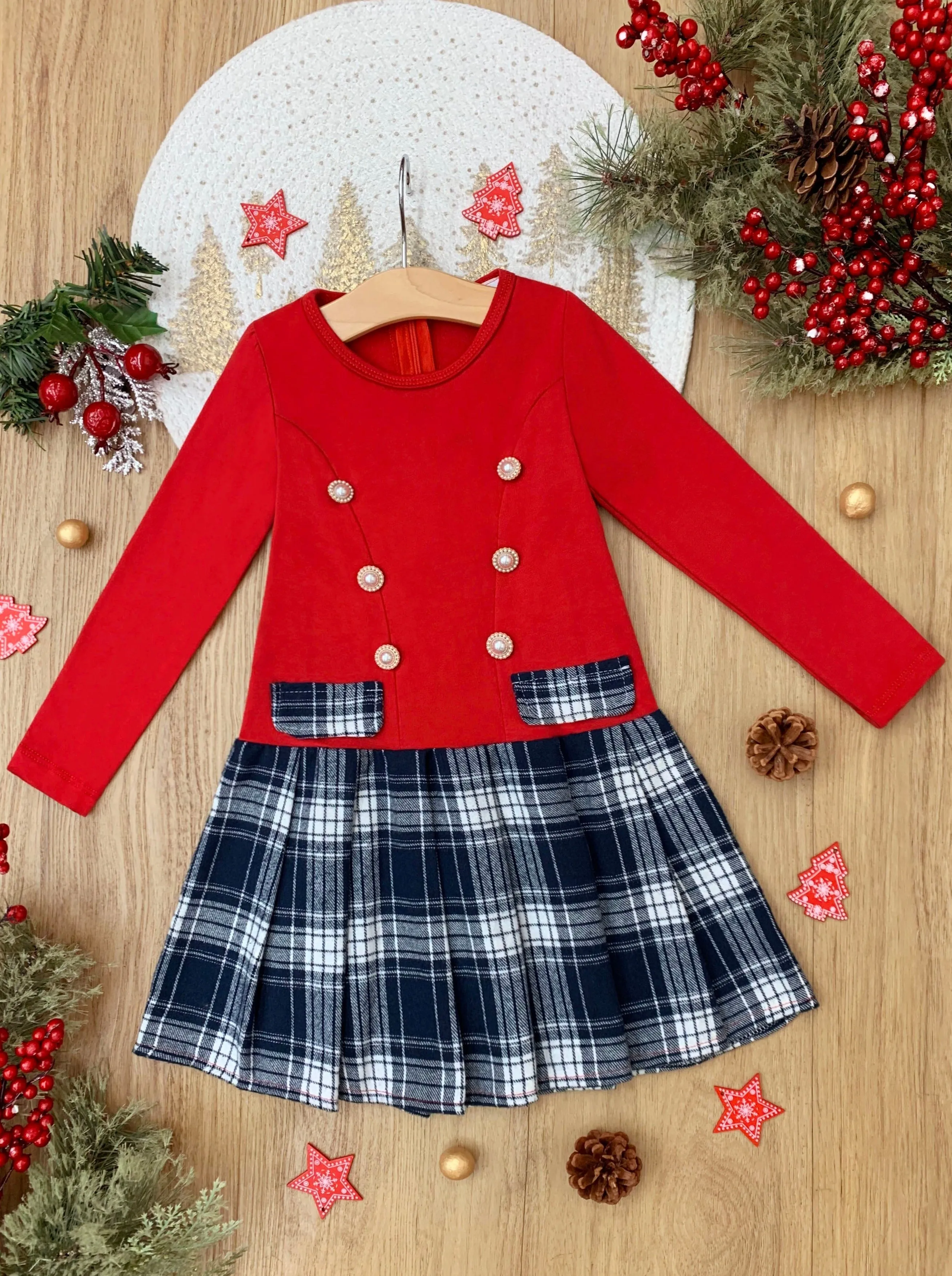 FESTIVE FLAIR LONG SLEEVE PLAID PLEATED DRESS