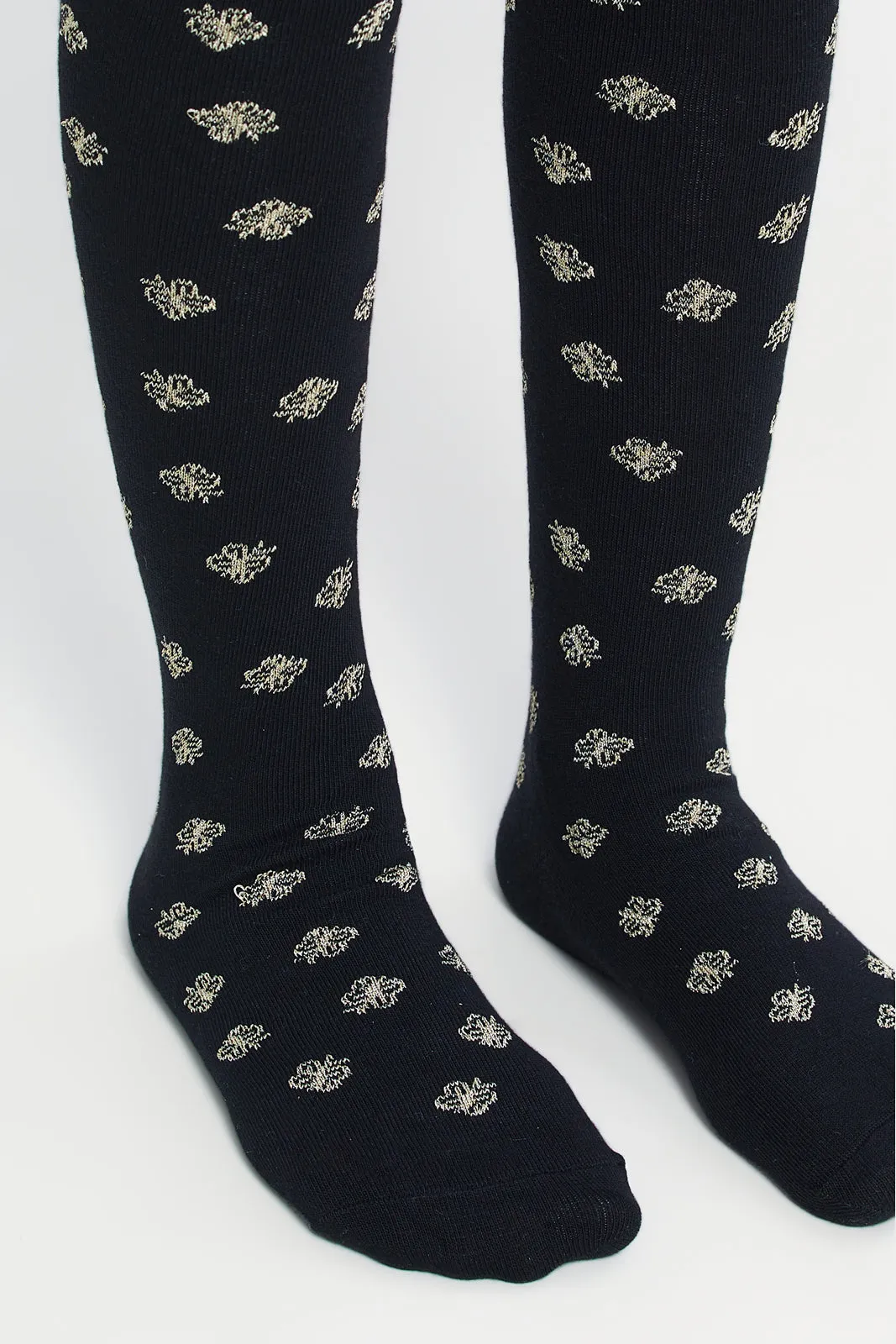 Girls Beige And Black Printed Tights Set (2 Piece)