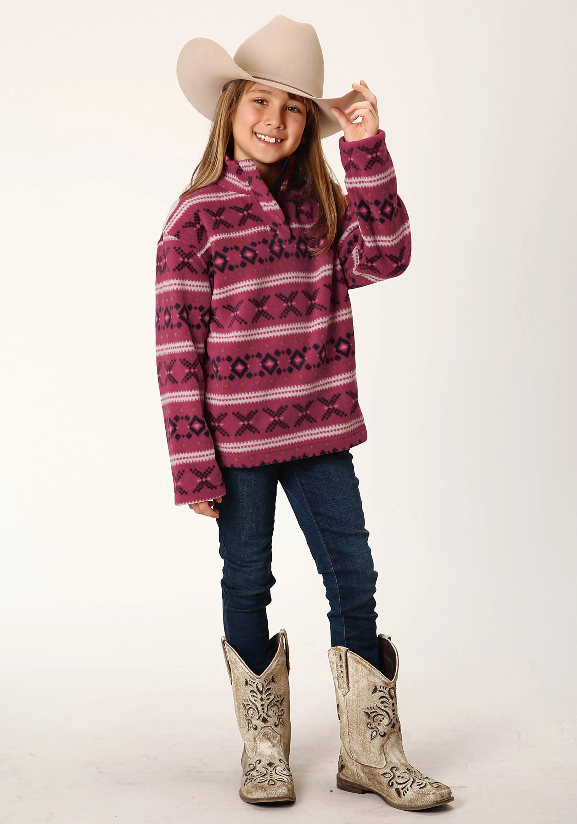 GIRLS WOMENS  RUSTY RED AZTEC PRINT POLAR FLEECE PULLOVER