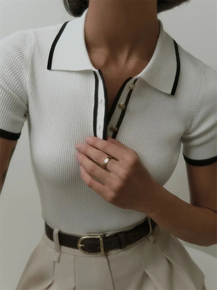 Knit Sweater Pullover Women Short Sleeve Patchwork Slim Lapel Elegant Contrast Knitwear Top Female Skinny Ribbed Pullover