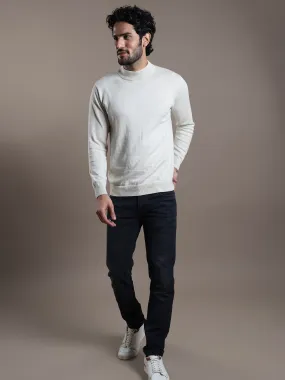 Knitted Cream Striped Regular Fit Full Sleeve Casual Pullover