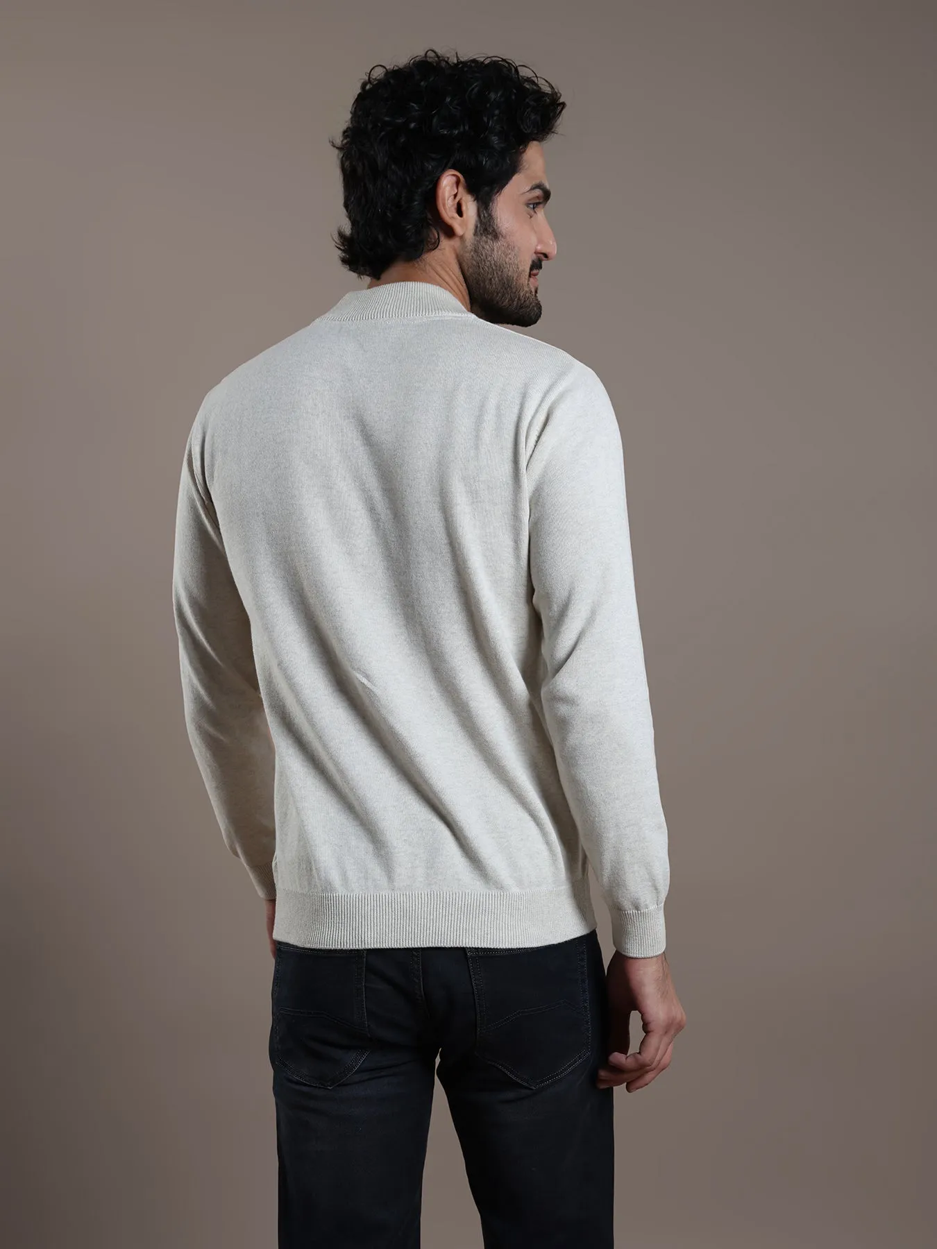 Knitted Cream Striped Regular Fit Full Sleeve Casual Pullover