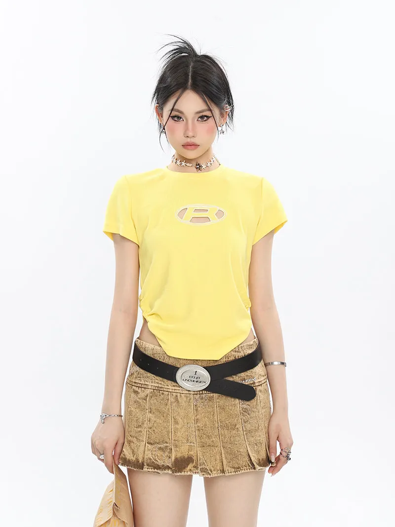 Kora Washed Bleached Design Denim High Waist Pleated Short Mini Skirt