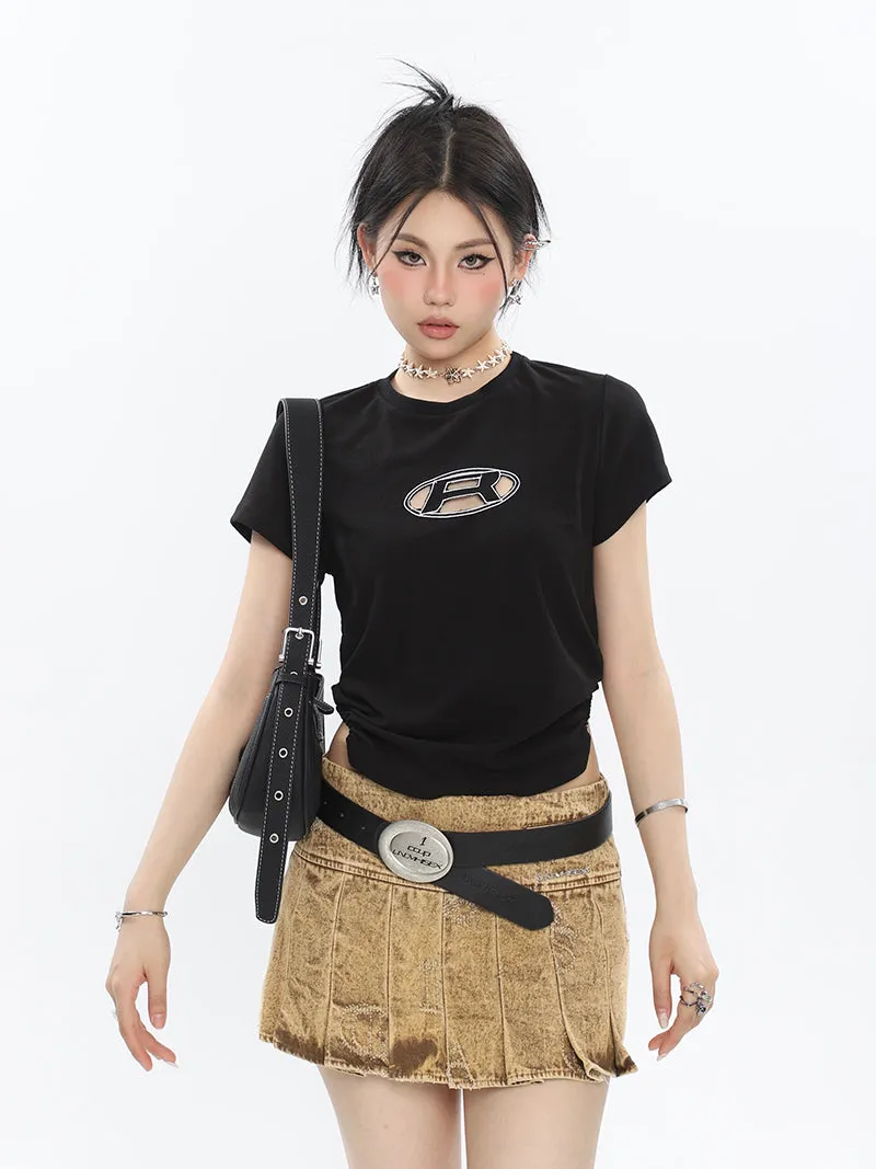 Kora Washed Bleached Design Denim High Waist Pleated Short Mini Skirt