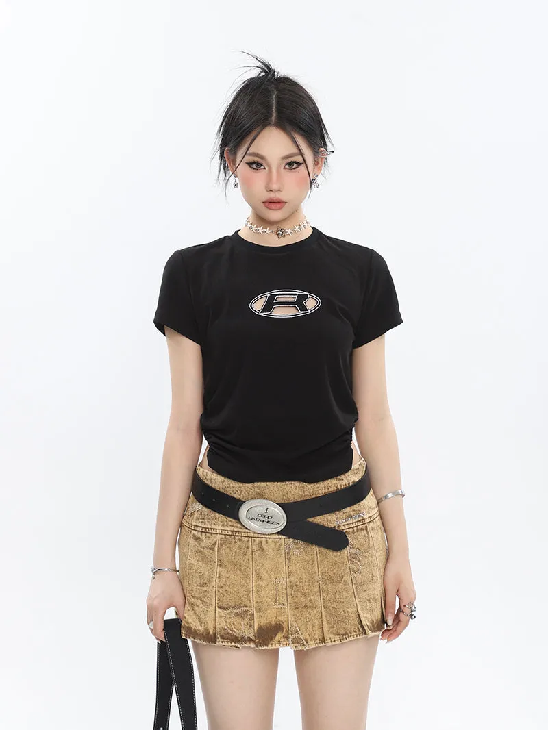 Kora Washed Bleached Design Denim High Waist Pleated Short Mini Skirt