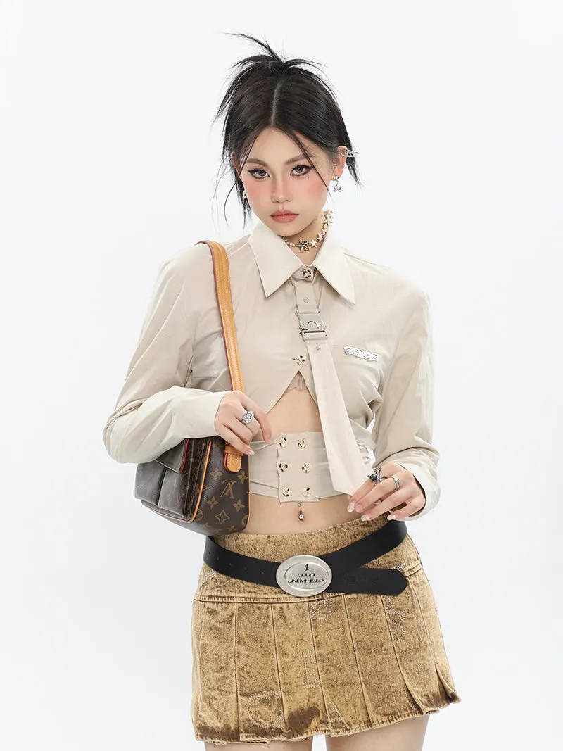 Kora Washed Bleached Design Denim High Waist Pleated Short Mini Skirt