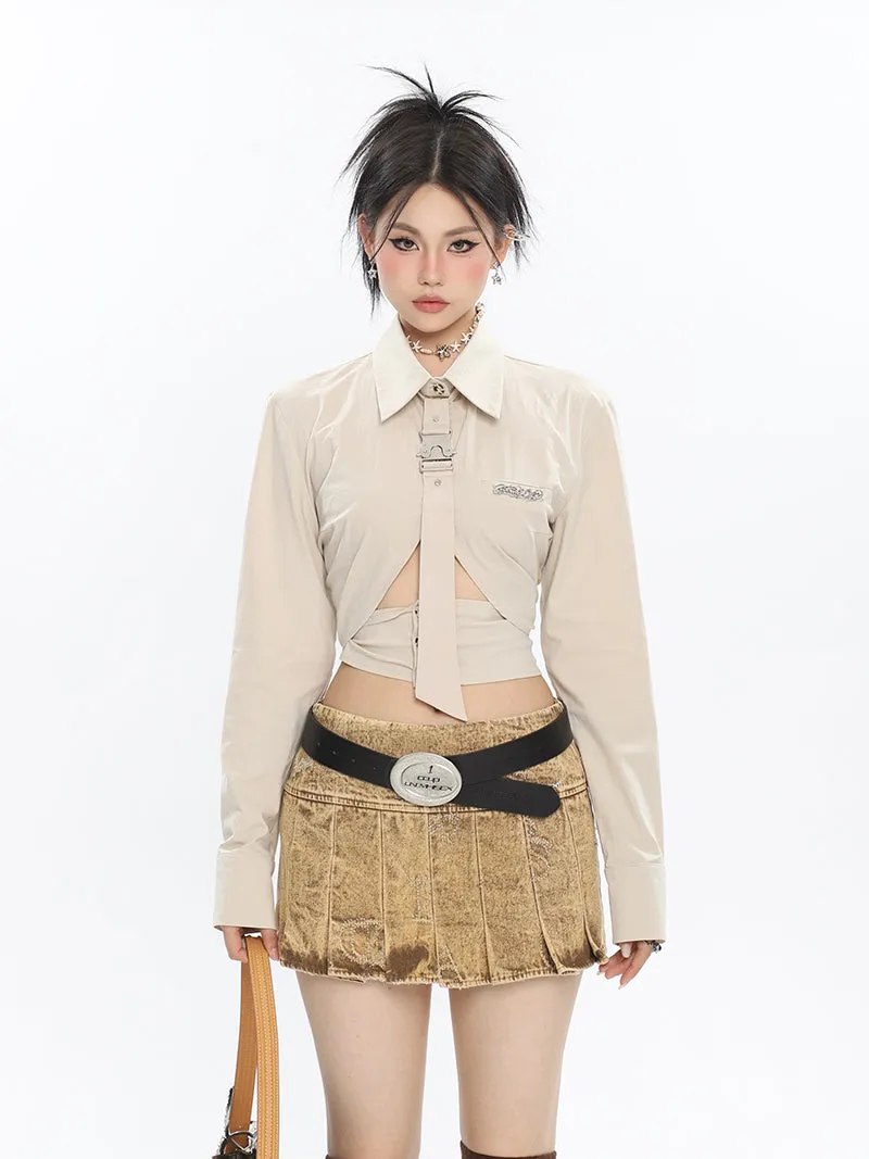 Kora Washed Bleached Design Denim High Waist Pleated Short Mini Skirt