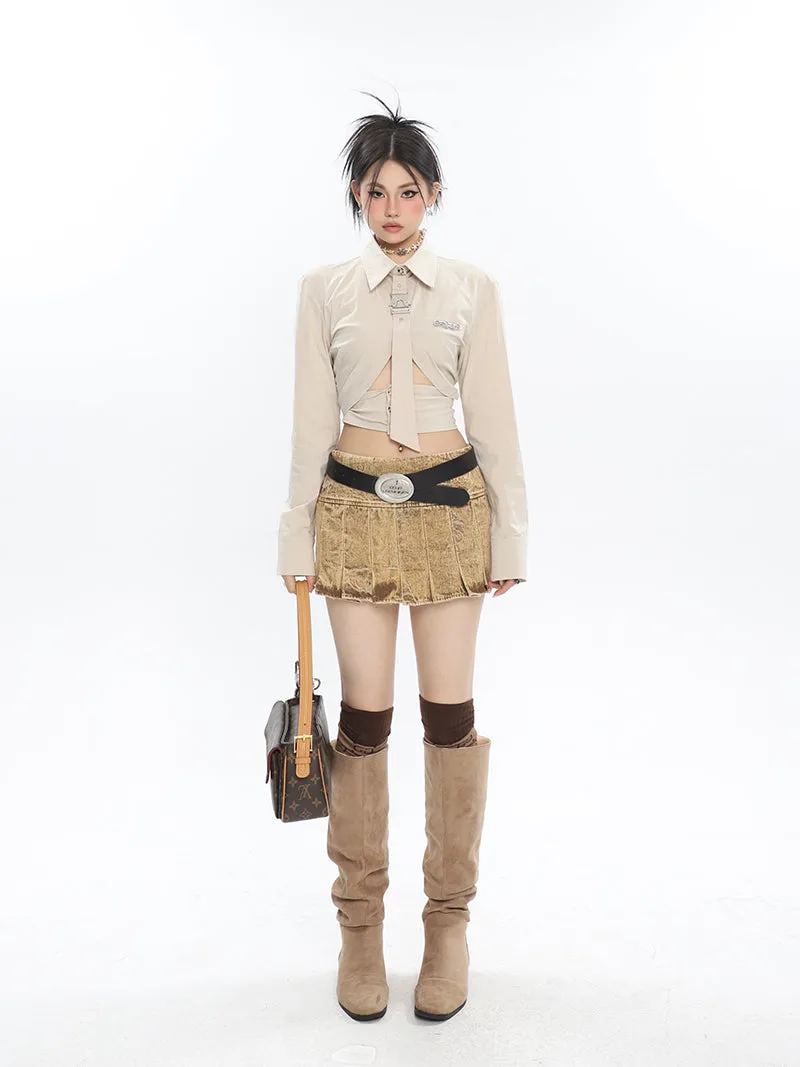 Kora Washed Bleached Design Denim High Waist Pleated Short Mini Skirt