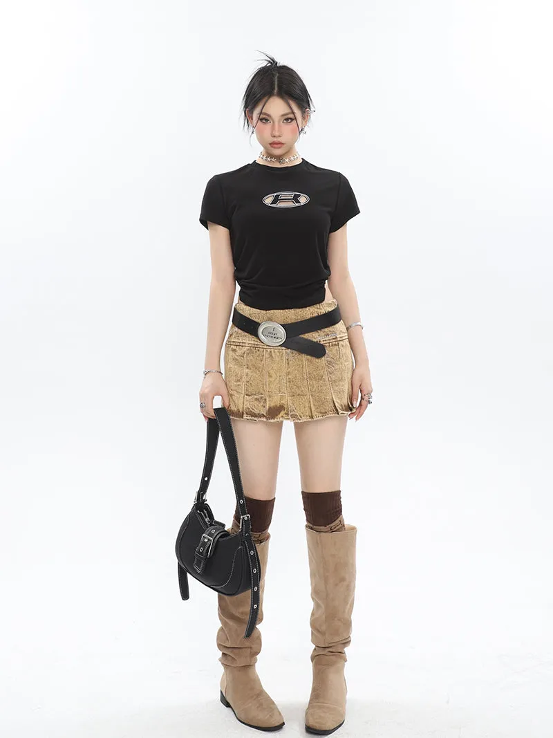 Kora Washed Bleached Design Denim High Waist Pleated Short Mini Skirt