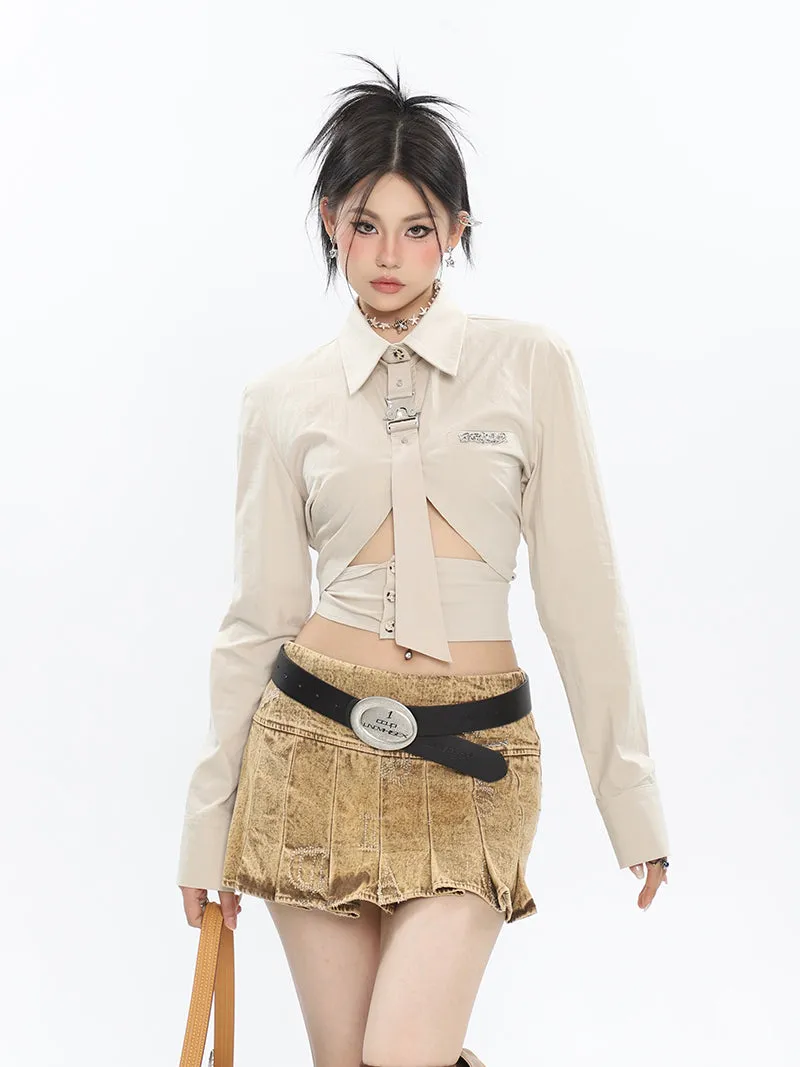 Kora Washed Bleached Design Denim High Waist Pleated Short Mini Skirt