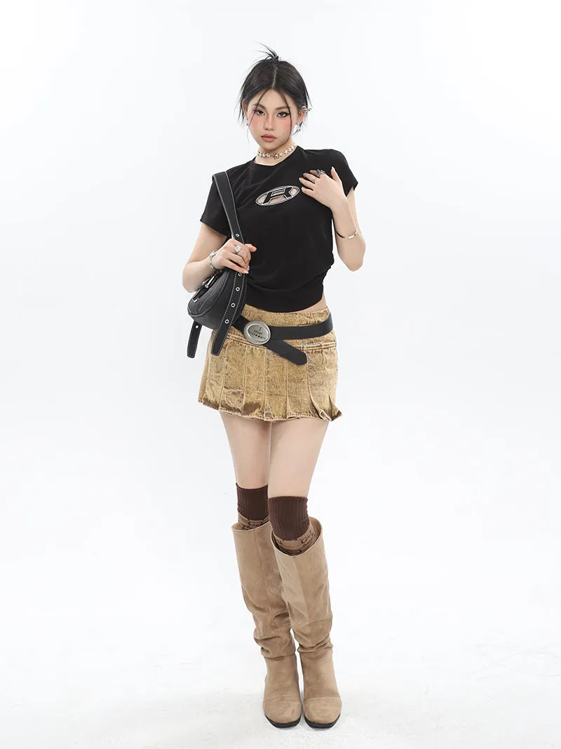 Kora Washed Bleached Design Denim High Waist Pleated Short Mini Skirt