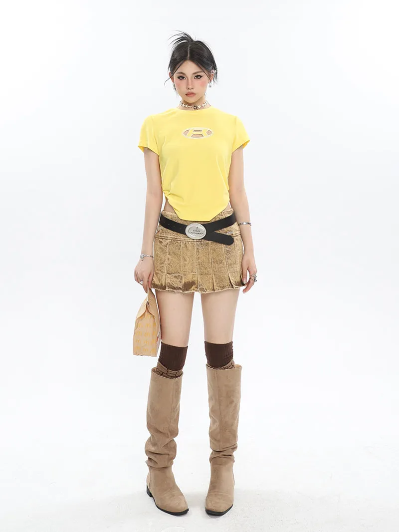 Kora Washed Bleached Design Denim High Waist Pleated Short Mini Skirt