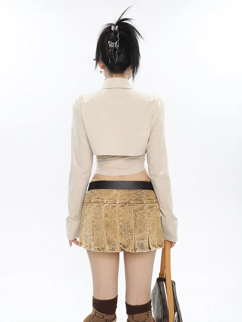 Kora Washed Bleached Design Denim High Waist Pleated Short Mini Skirt