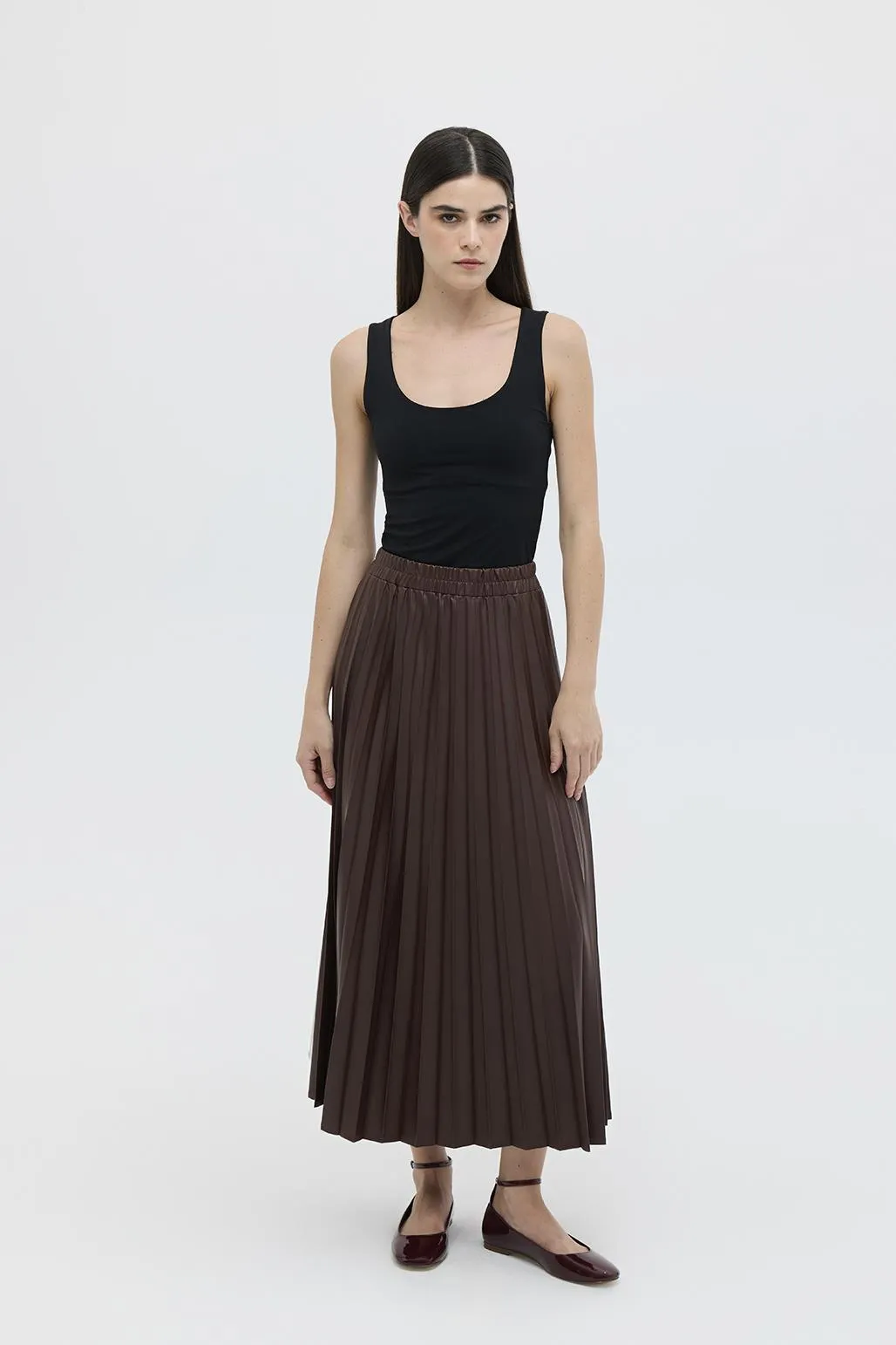 Leather Pleated Skirt Brown