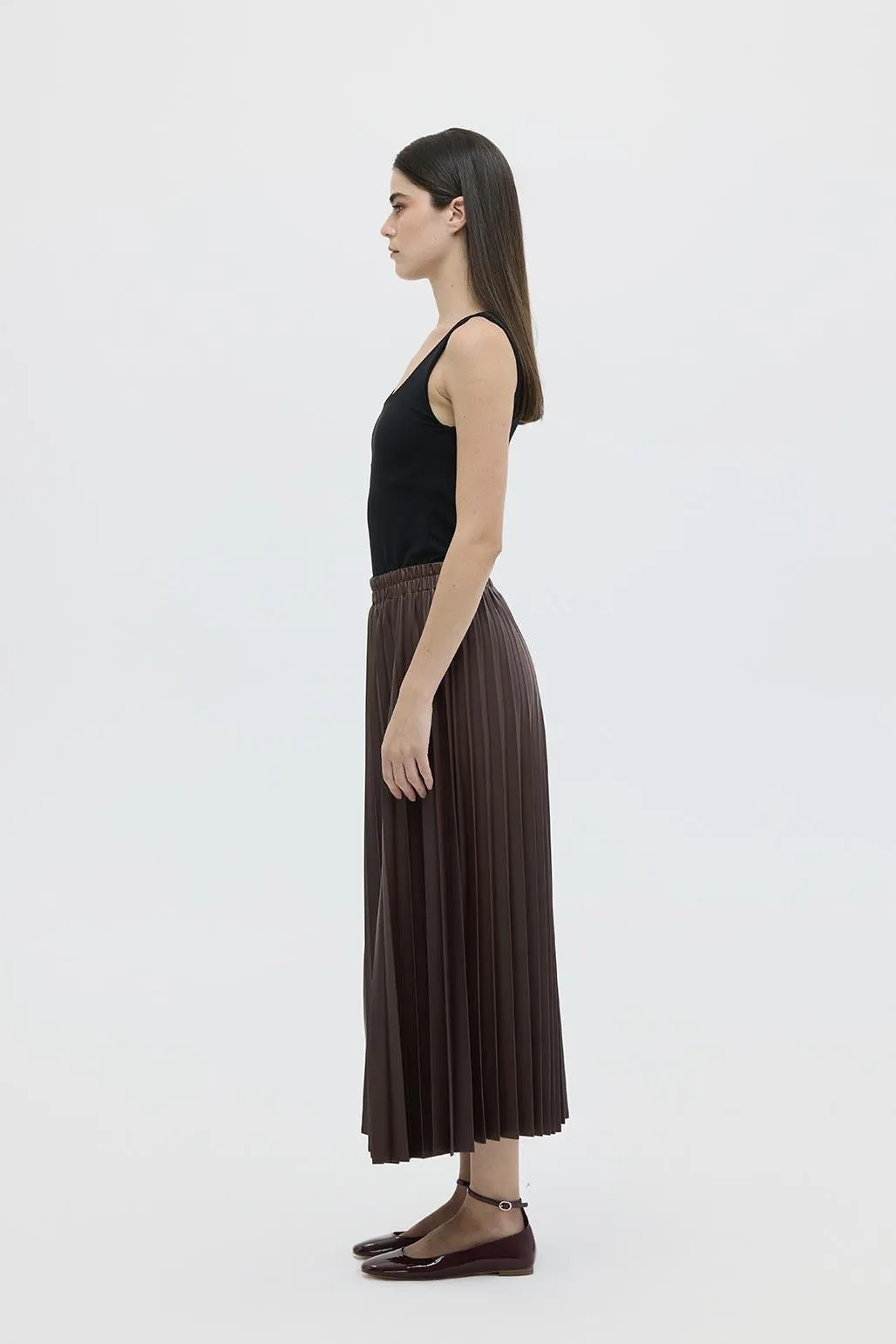 Leather Pleated Skirt Brown