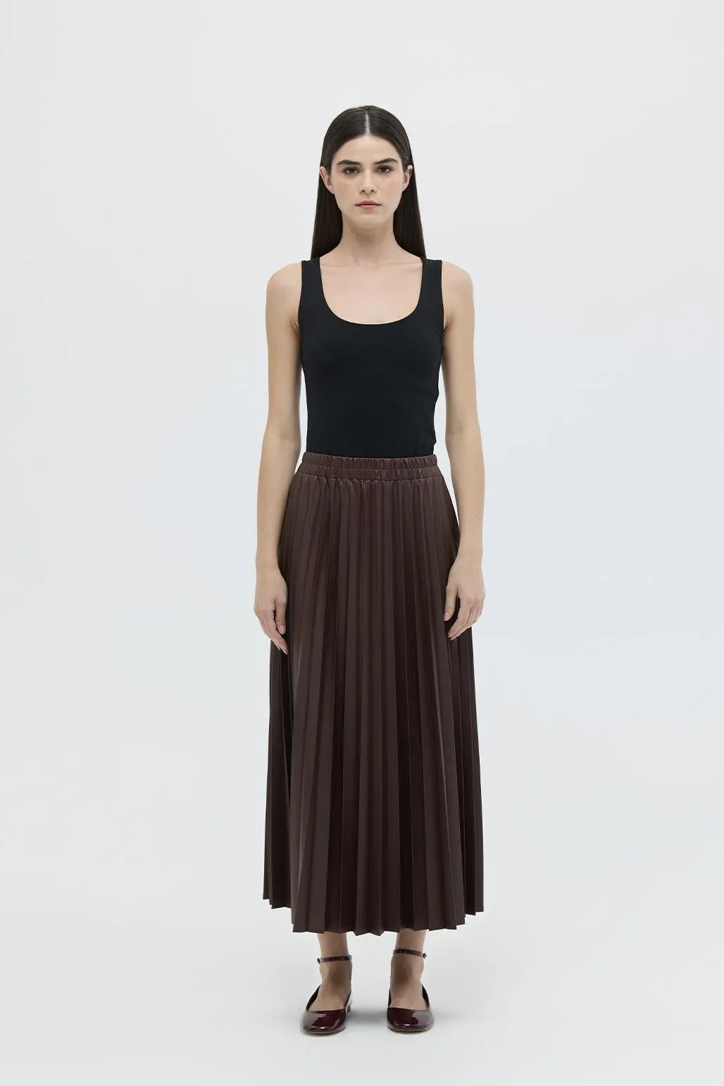 Leather Pleated Skirt Brown